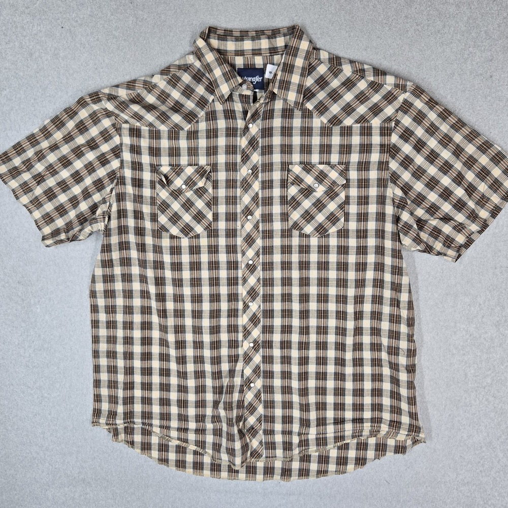 Wrangler Men Button Up Shirt XL Beige Casual Shirt Plaid Western Pearl Snap